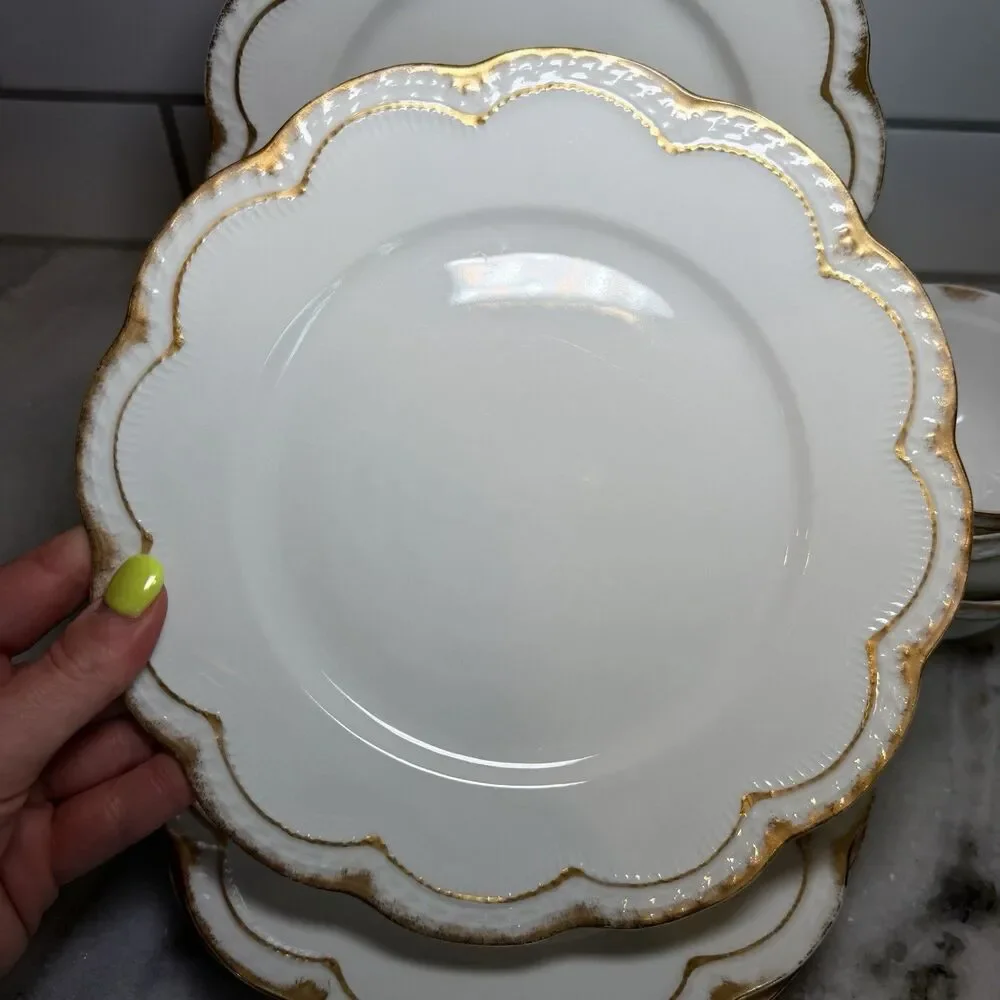 Antique Haviland Limoges Gold Dusted Rim Scalloped Plate Saucers Cups For 4 Set